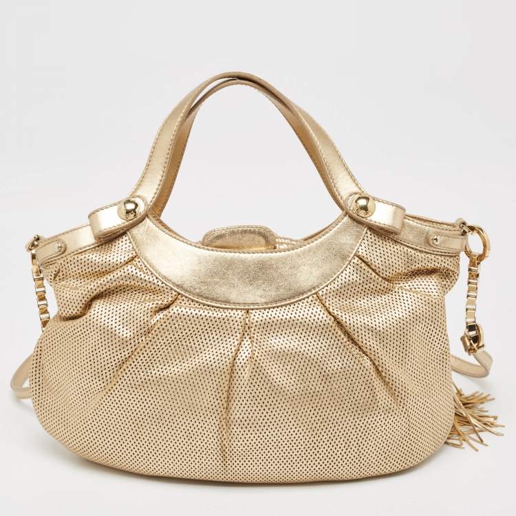 Pre Owned Versace Gold Perforated Leather Tassel Shoulder Bag