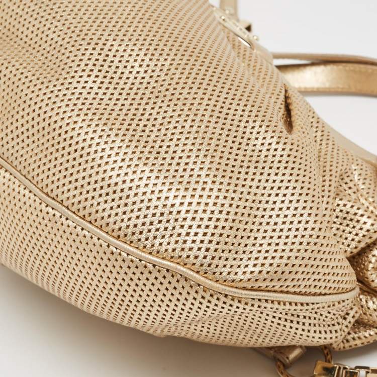 Pre Owned Versace Gold Perforated Leather Tassel Shoulder Bag