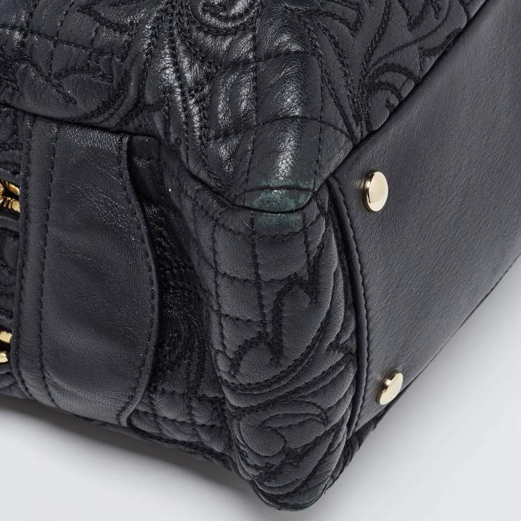 Pre Owned Versace Black Baroque Embossed Leather Demetra Vanitas Satchel