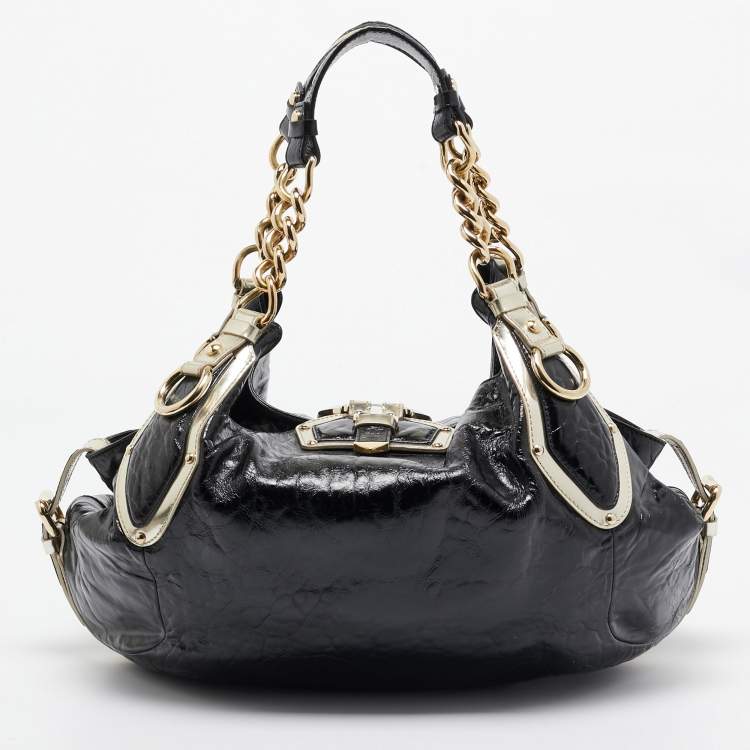 Pre Owned Versace Black/Gold Patent Leather Medussa Flap Hobo 