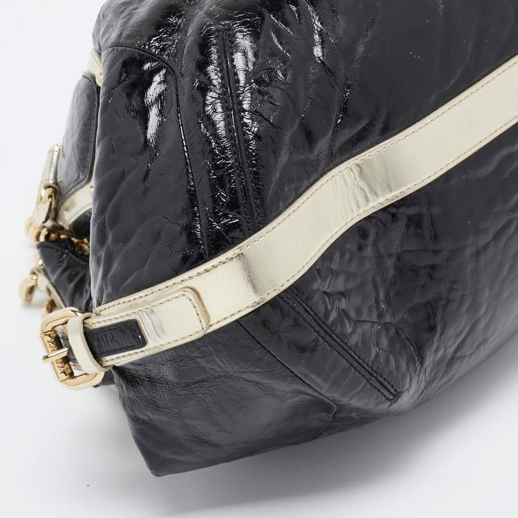 Pre Owned Versace Black/Gold Patent Leather Medussa Flap Hobo 