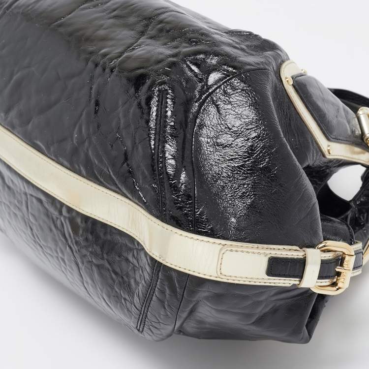 Pre Owned Versace Black/Gold Patent Leather Medussa Flap Hobo 