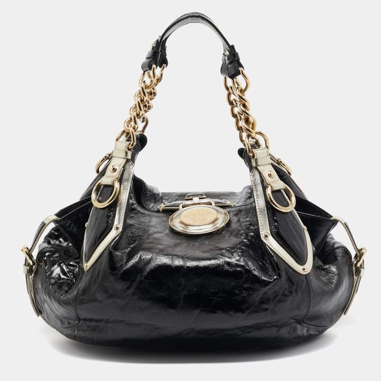 Pre Owned Versace Black/Gold Patent Leather Medussa Flap Hobo 
