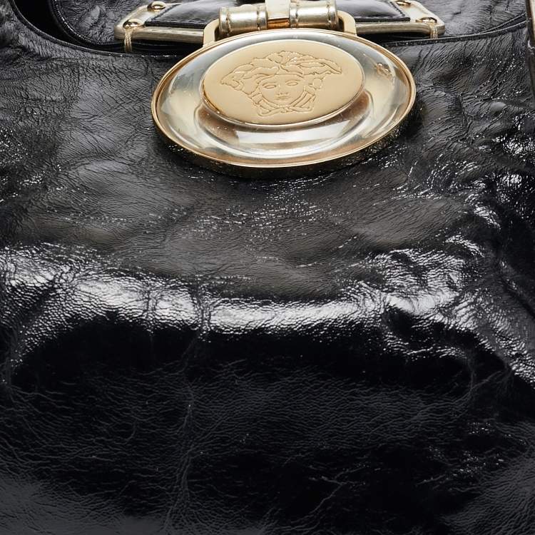 Pre Owned Versace Black/Gold Patent Leather Medussa Flap Hobo 