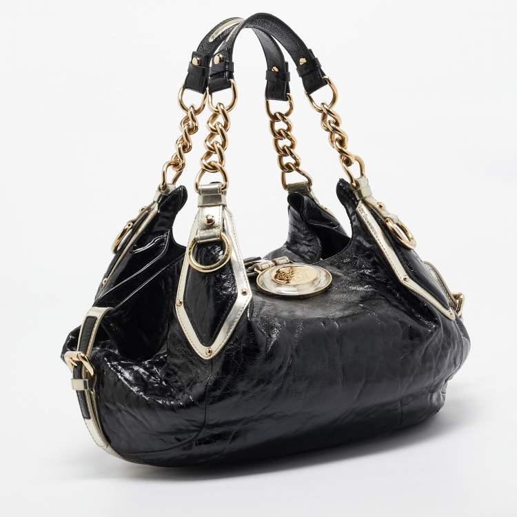 Pre Owned Versace Black/Gold Patent Leather Medussa Flap Hobo 
