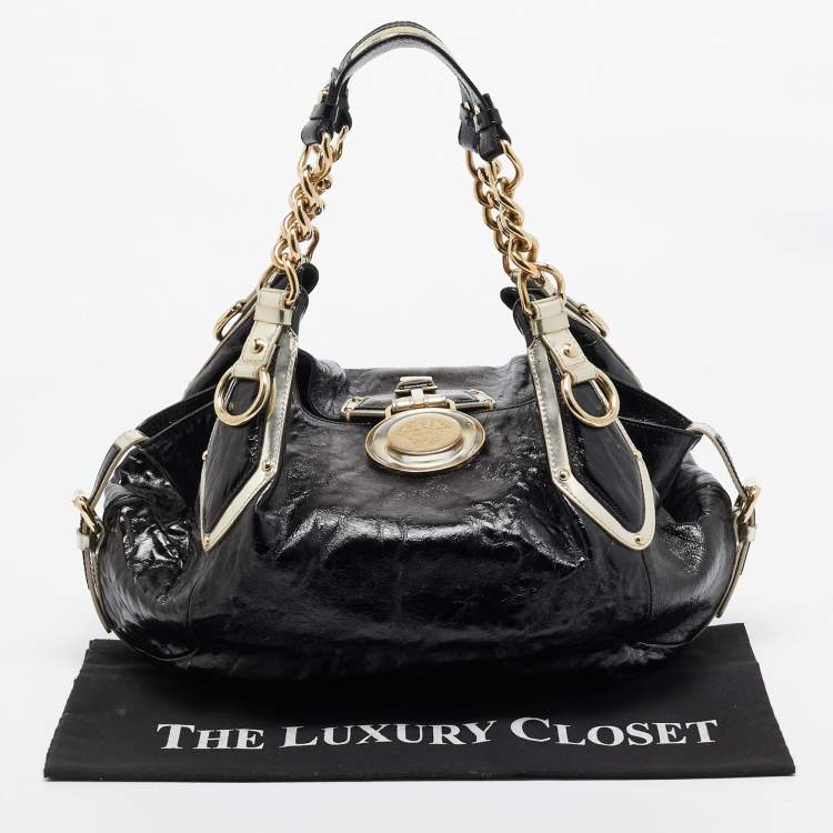 Pre Owned Versace Black/Gold Patent Leather Medussa Flap Hobo 