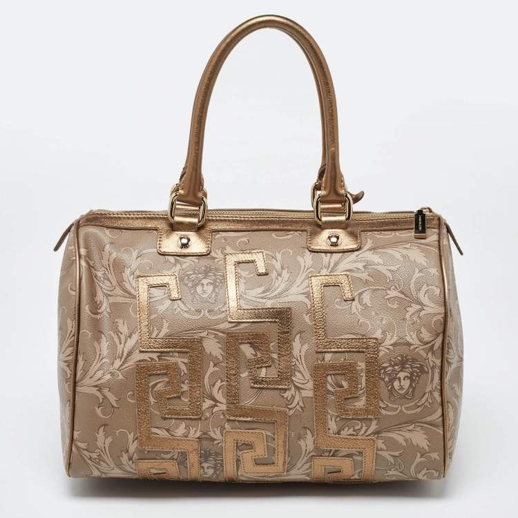 Pre Owned Versace Beige/Gold Printed Coated Canvas and Leather Boston Bag