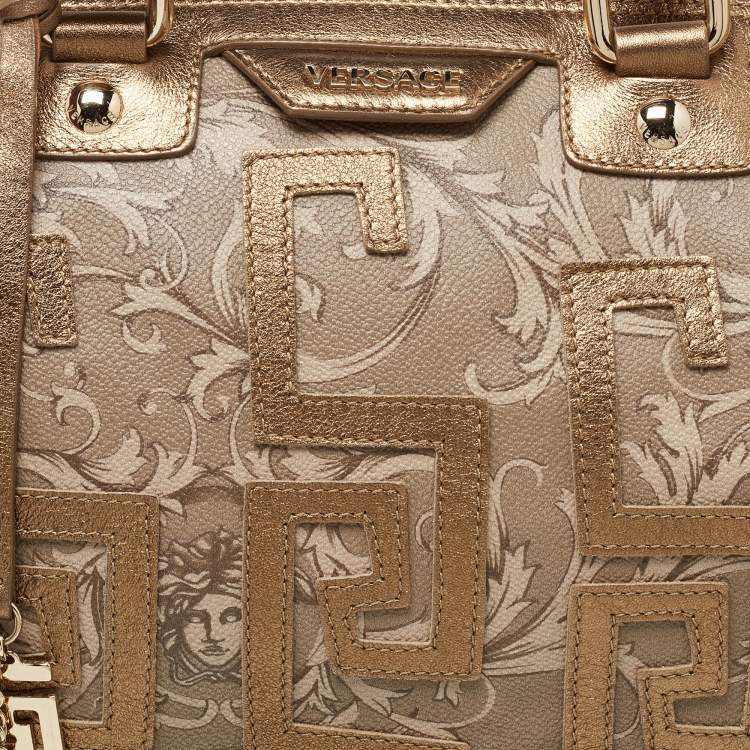Pre Owned Versace Beige/Gold Printed Coated Canvas and Leather Boston Bag