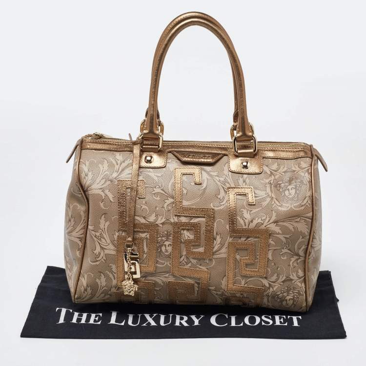 Pre Owned Versace Beige/Gold Printed Coated Canvas and Leather Boston Bag