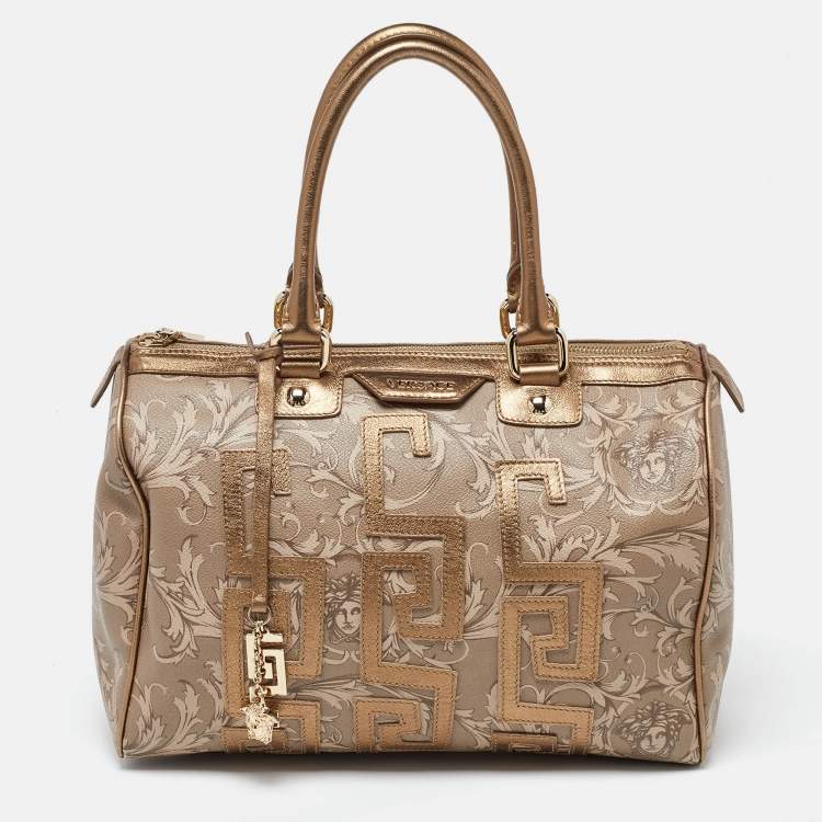 Pre Owned Versace Beige/Gold Printed Coated Canvas and Leather Boston Bag