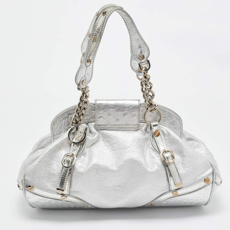 Pre Owned Versace Silver Ostrich Embossed, Patent and Leather Chain Link Satchel