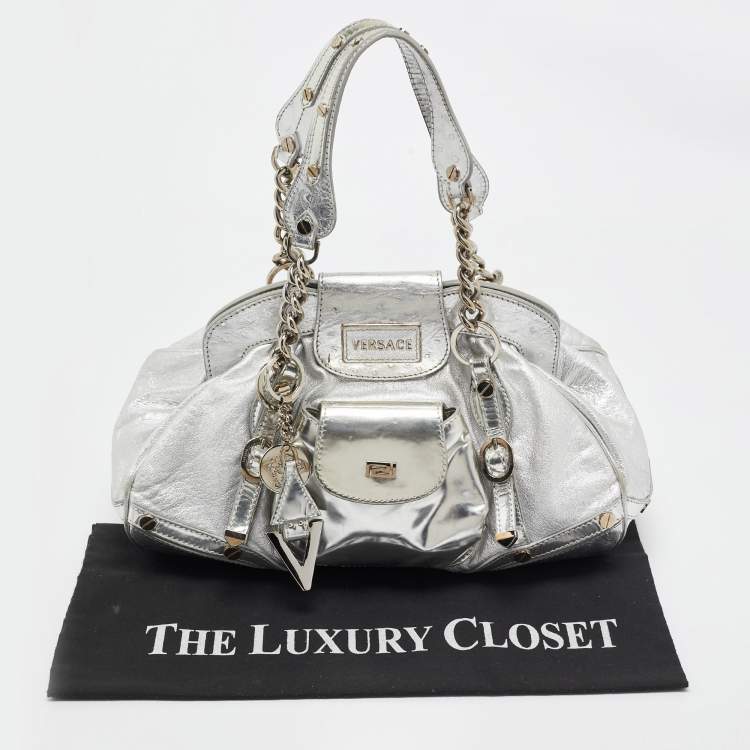 Pre Owned Versace Silver Ostrich Embossed, Patent and Leather Chain Link Satchel
