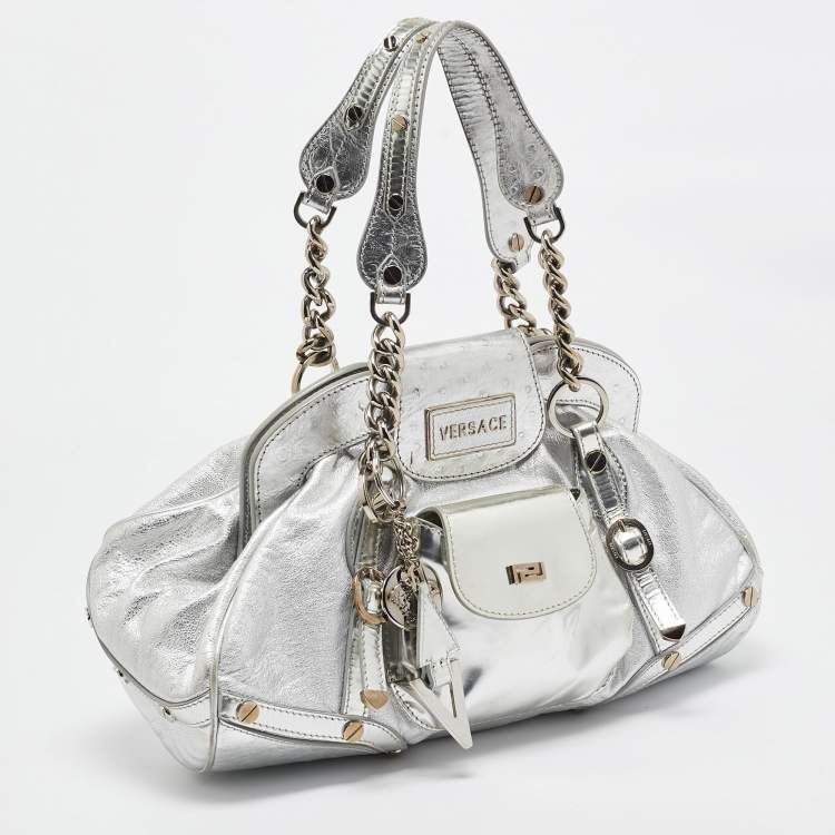 Pre Owned Versace Silver Ostrich Embossed, Patent and Leather Chain Link Satchel
