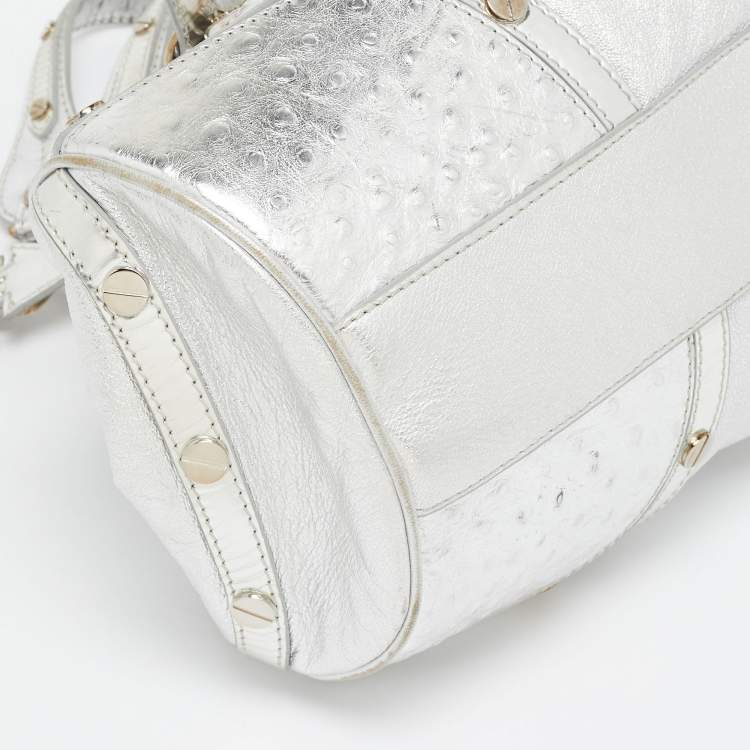 Pre Owned Versace Silver Ostrich Embossed, Patent and Leather Chain Link Satchel
