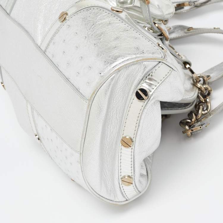 Pre Owned Versace Silver Ostrich Embossed, Patent and Leather Chain Link Satchel