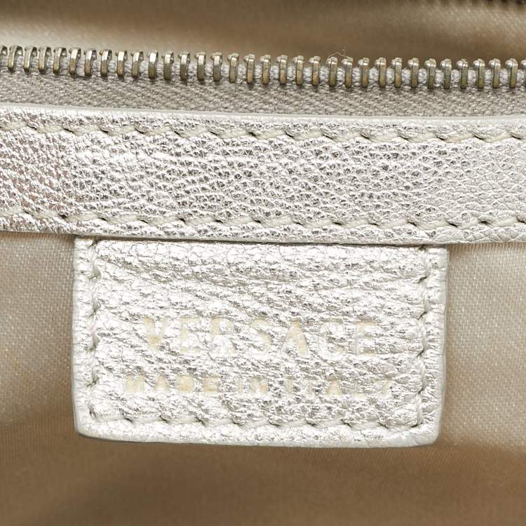 Pre Owned Versace Silver Ostrich Embossed, Patent and Leather Chain Link Satchel