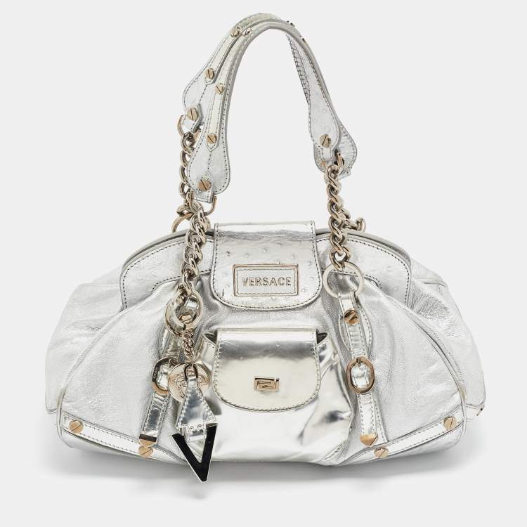 Pre Owned Versace Silver Ostrich Embossed, Patent and Leather Chain Link Satchel