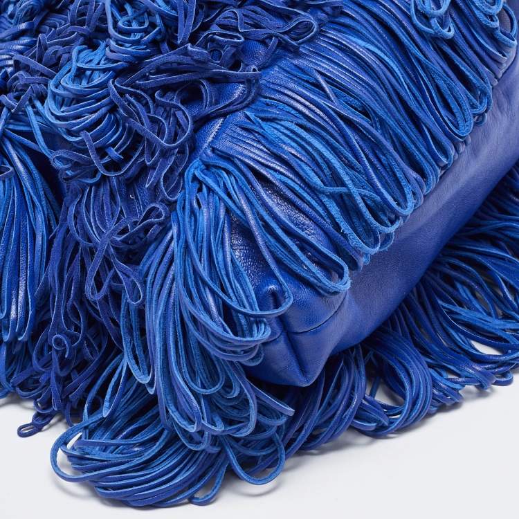 Pre Owned Versace Blue Leather Fringe Shoulder Bag