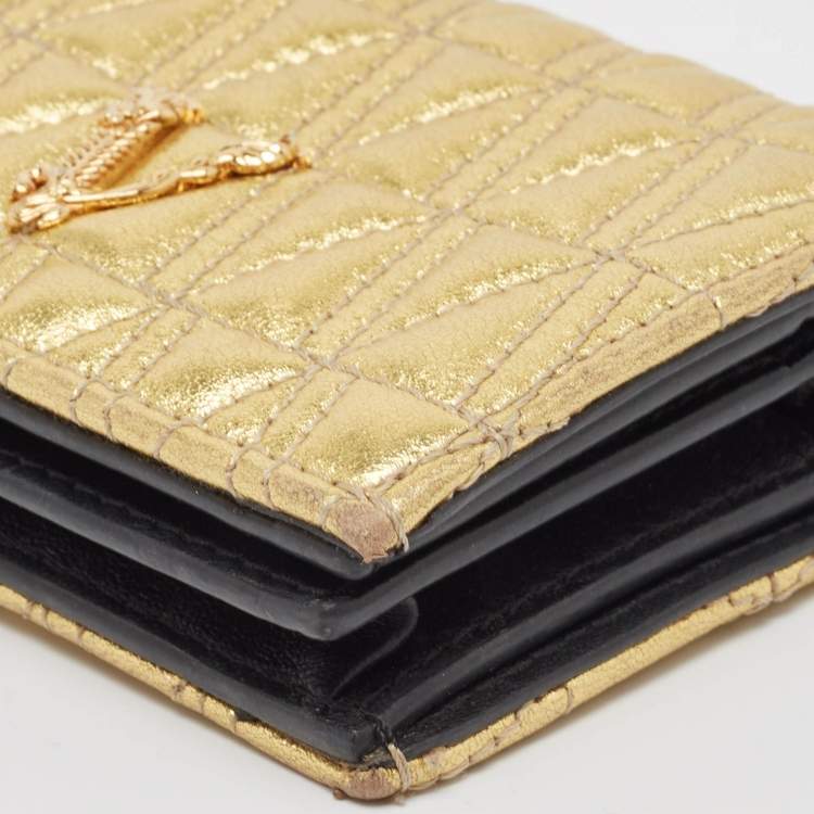 Pre Owned Versace Gold Quilted Leather Virtus Flap Card Case