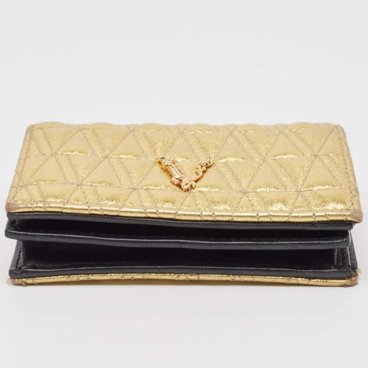 Pre Owned Versace Gold Quilted Leather Virtus Flap Card Case