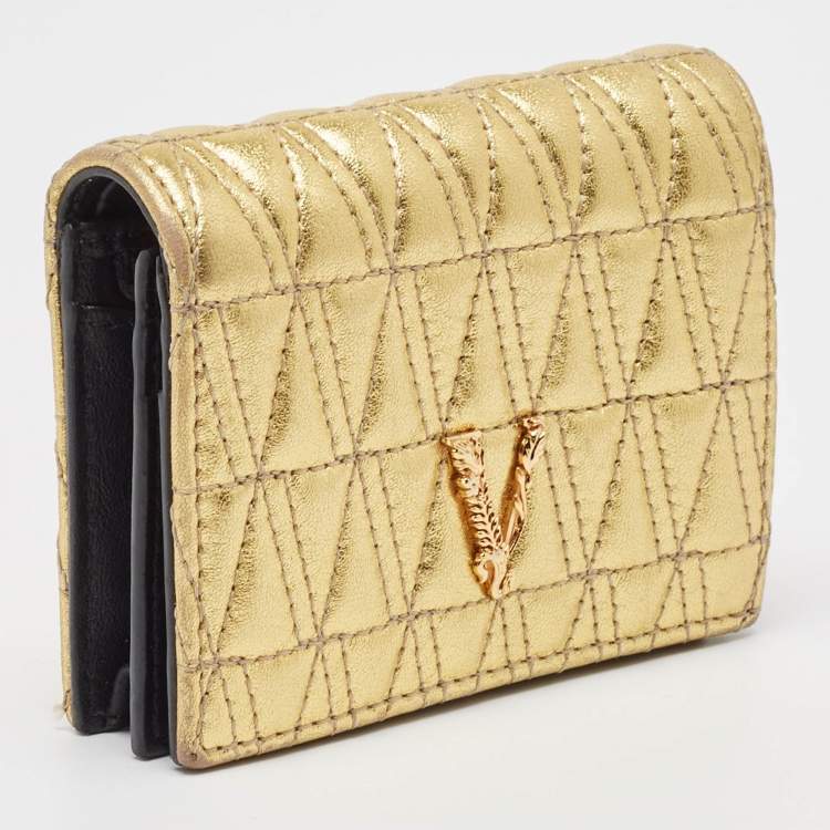 Pre Owned Versace Gold Quilted Leather Virtus Flap Card Case
