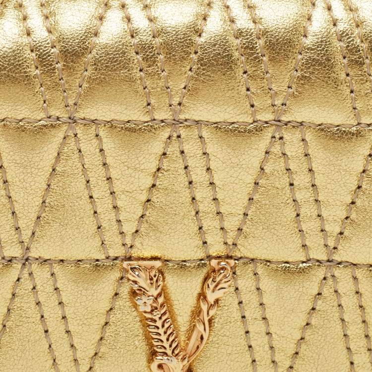Pre Owned Versace Gold Quilted Leather Virtus Flap Card Case