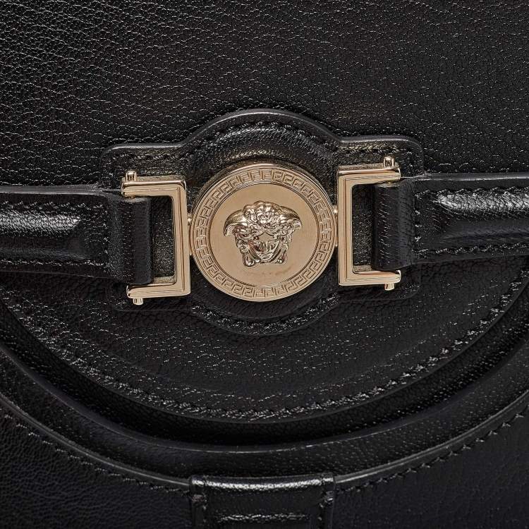 Pre Owned Versace Black Leather Medium Signature Flap Tote