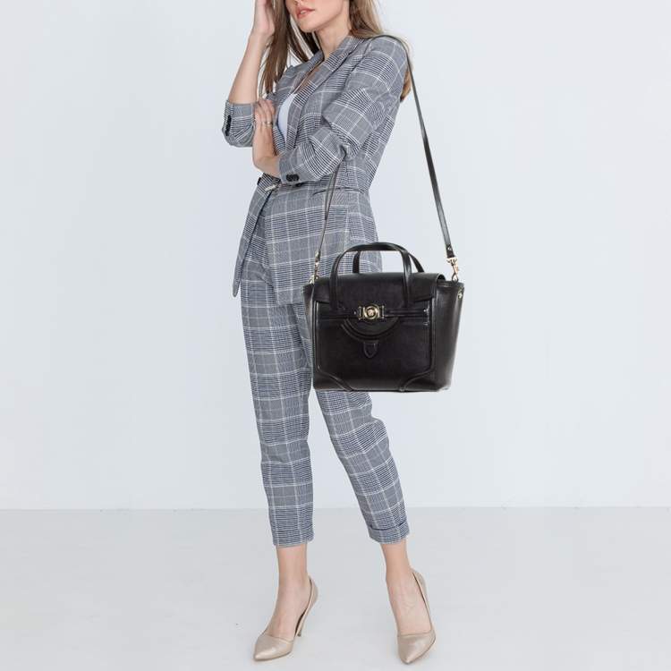 Pre Owned Versace Black Leather Medium Signature Flap Tote