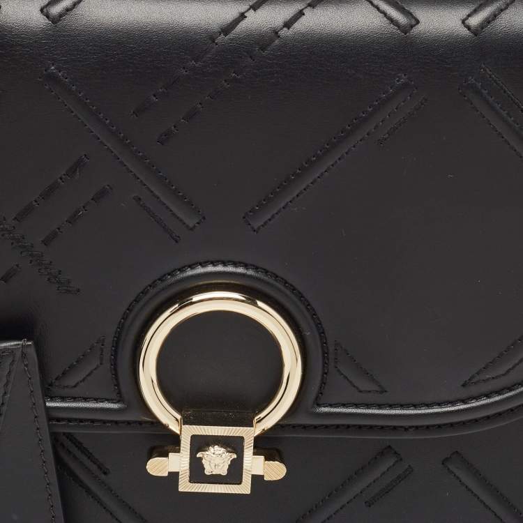 Pre Owned Versace Black Quilted Leather and Suede DV One Top Handle Bag