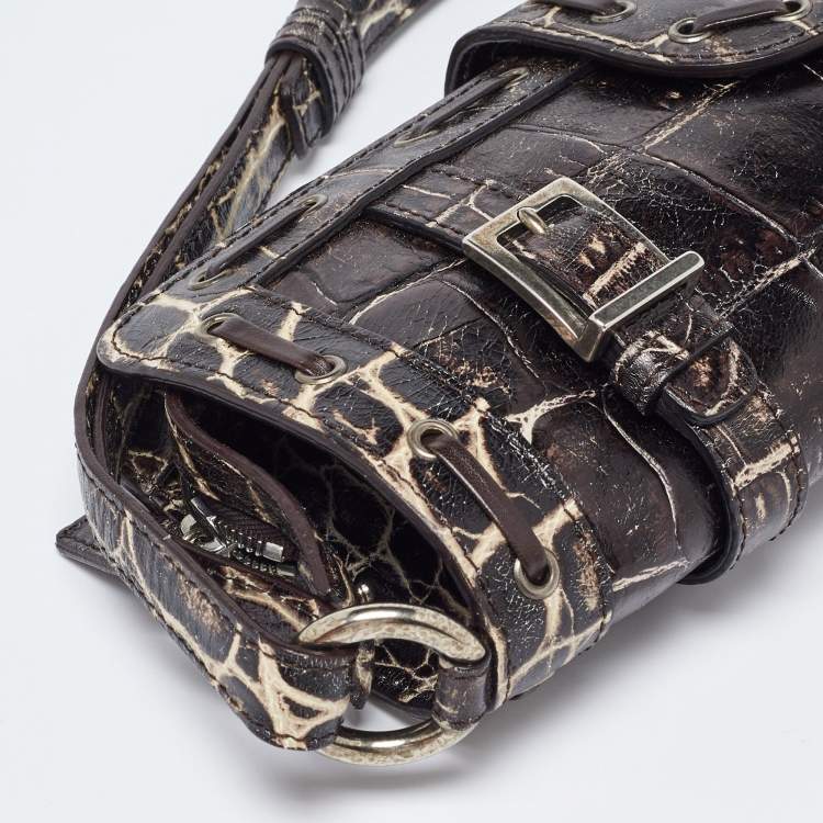 Pre Owned Versace Brown Croc Embossed Leather Wristlet Clutch 
