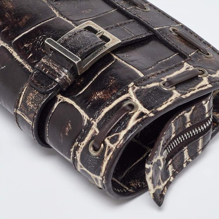 Pre Owned Versace Brown Croc Embossed Leather Wristlet Clutch 