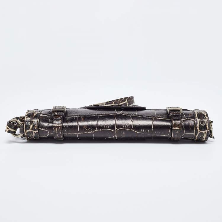 Pre Owned Versace Brown Croc Embossed Leather Wristlet Clutch 