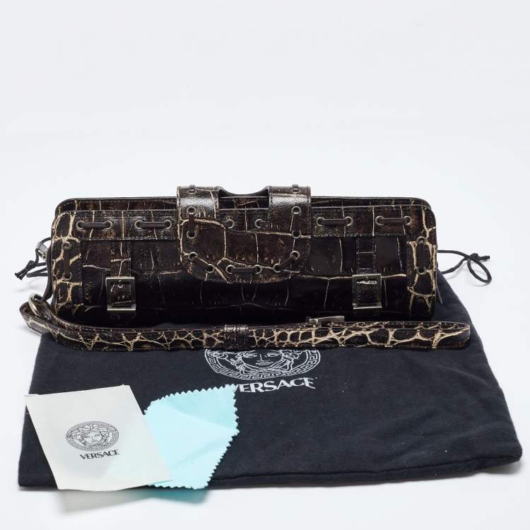 Pre Owned Versace Brown Croc Embossed Leather Wristlet Clutch 