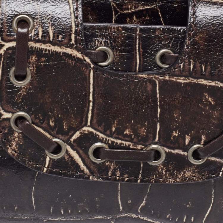Pre Owned Versace Brown Croc Embossed Leather Wristlet Clutch 