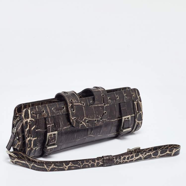 Pre Owned Versace Brown Croc Embossed Leather Wristlet Clutch 