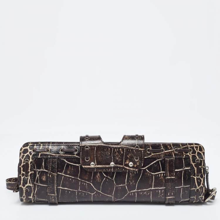 Pre Owned Versace Brown Croc Embossed Leather Wristlet Clutch 