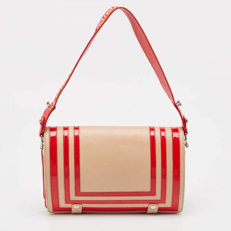 Pre Owned Versace Red/Beige Patent and Leather Graphic Flap Shoulder Bag
