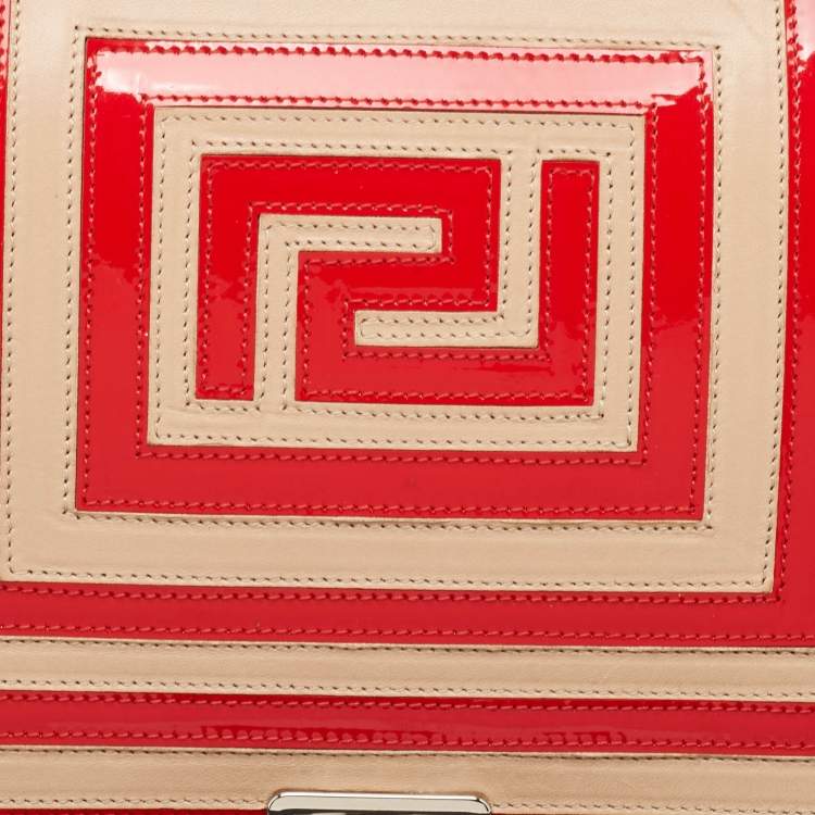 Pre Owned Versace Red/Beige Patent and Leather Graphic Flap Shoulder Bag