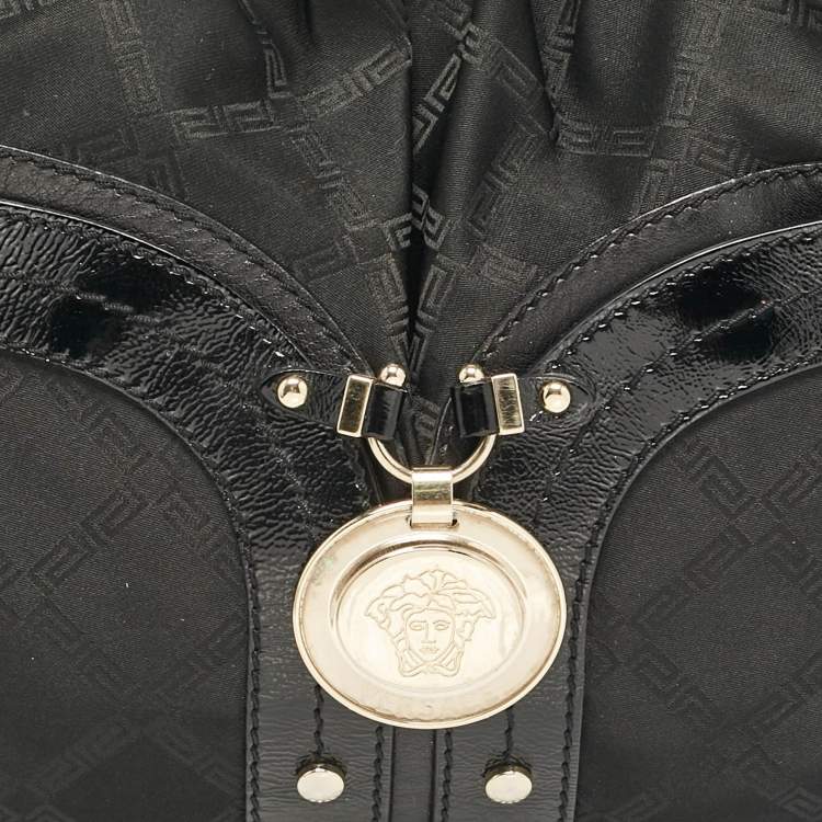 Pre Owned Versace Black Nylon and Patent Leather Logo Shoulder Bag
