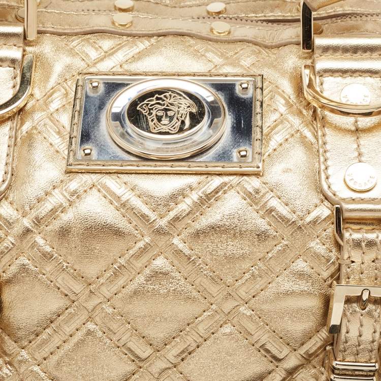 مملوكة مسبقًا Versace Gold Quilted Leather Studded Medusa Head Boston Bag