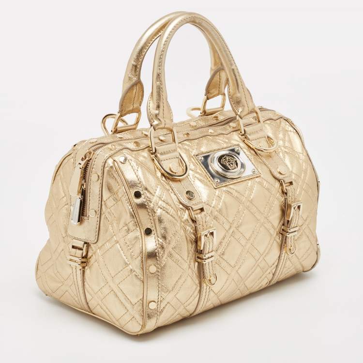 مملوكة مسبقًا Versace Gold Quilted Leather Studded Medusa Head Boston Bag
