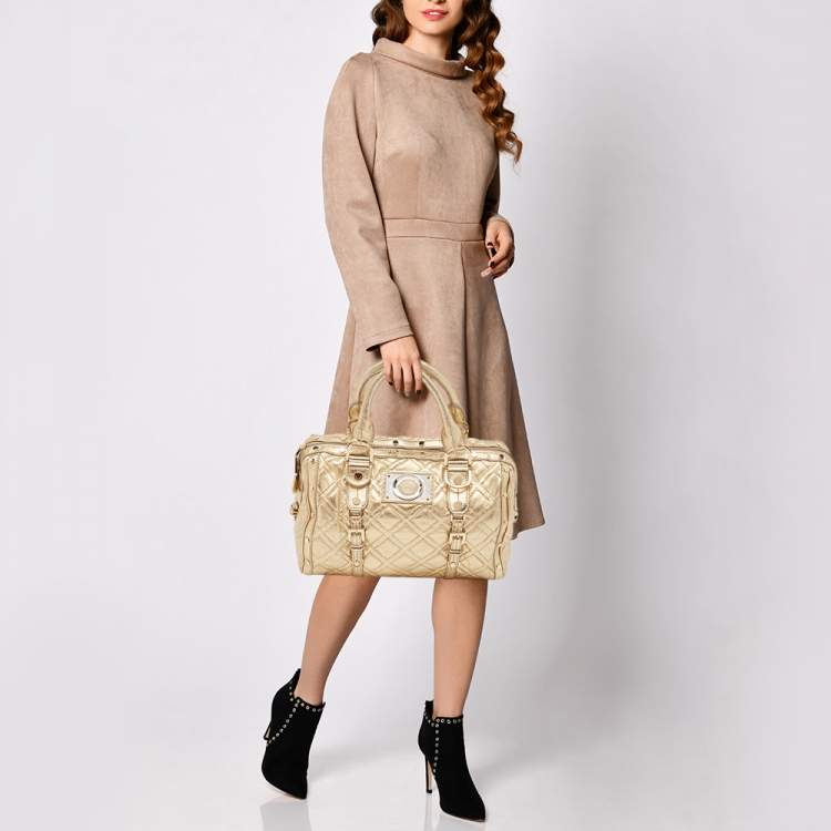 مملوكة مسبقًا Versace Gold Quilted Leather Studded Medusa Head Boston Bag