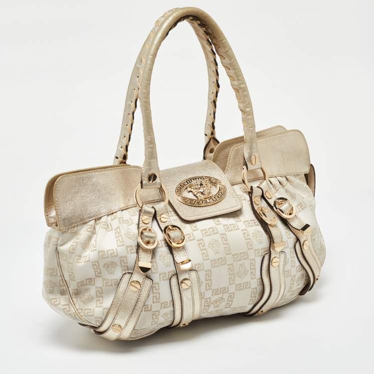 Pre Owned Versace Beige/Gold Signature Canvas and Leather Medussa Buckle Satchel