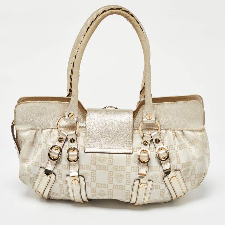 Pre Owned Versace Beige/Gold Signature Canvas and Leather Medussa Buckle Satchel