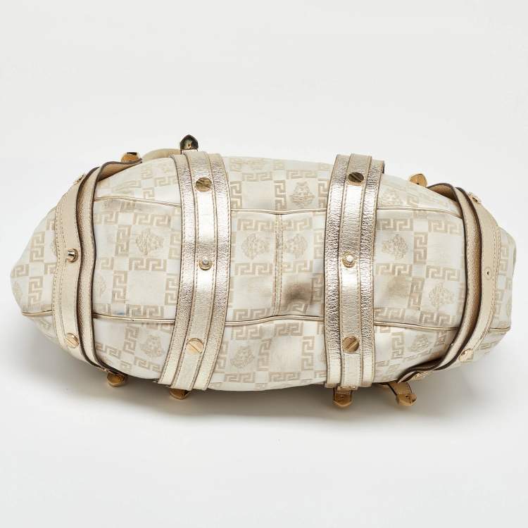 Pre Owned Versace Beige/Gold Signature Canvas and Leather Medussa Buckle Satchel