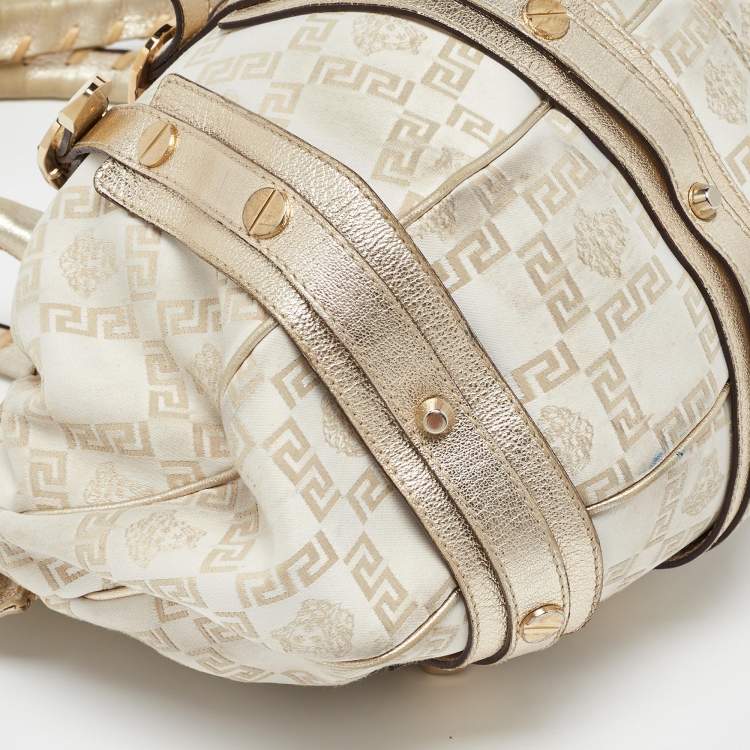 Pre Owned Versace Beige/Gold Signature Canvas and Leather Medussa Buckle Satchel