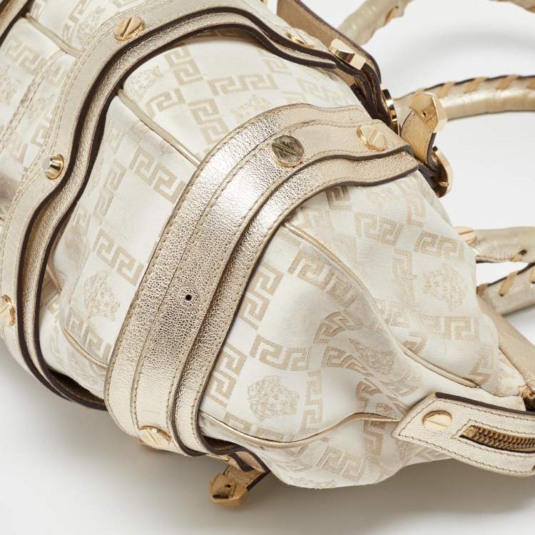 Pre Owned Versace Beige/Gold Signature Canvas and Leather Medussa Buckle Satchel