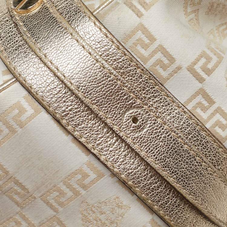 Pre Owned Versace Beige/Gold Signature Canvas and Leather Medussa Buckle Satchel