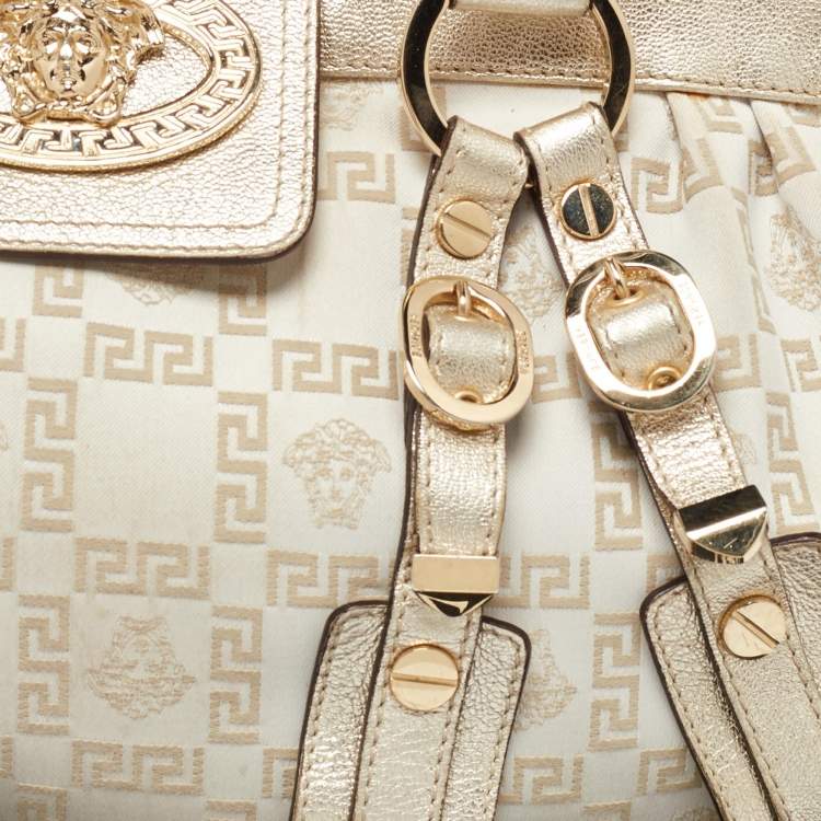 Pre Owned Versace Beige/Gold Signature Canvas and Leather Medussa Buckle Satchel