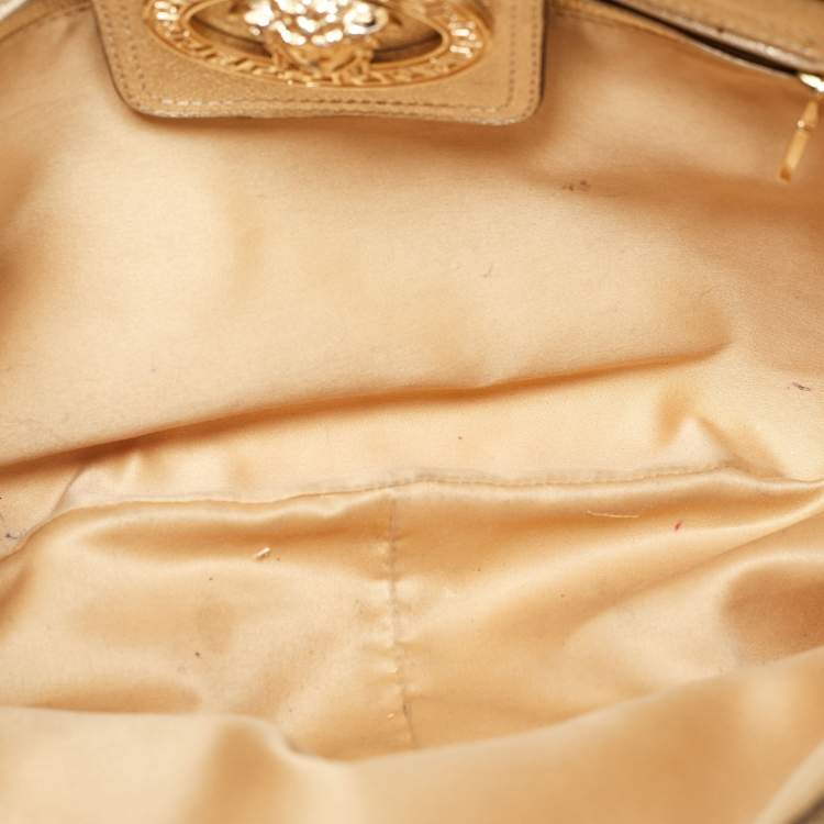 Pre Owned Versace Beige/Gold Signature Canvas and Leather Medussa Buckle Satchel